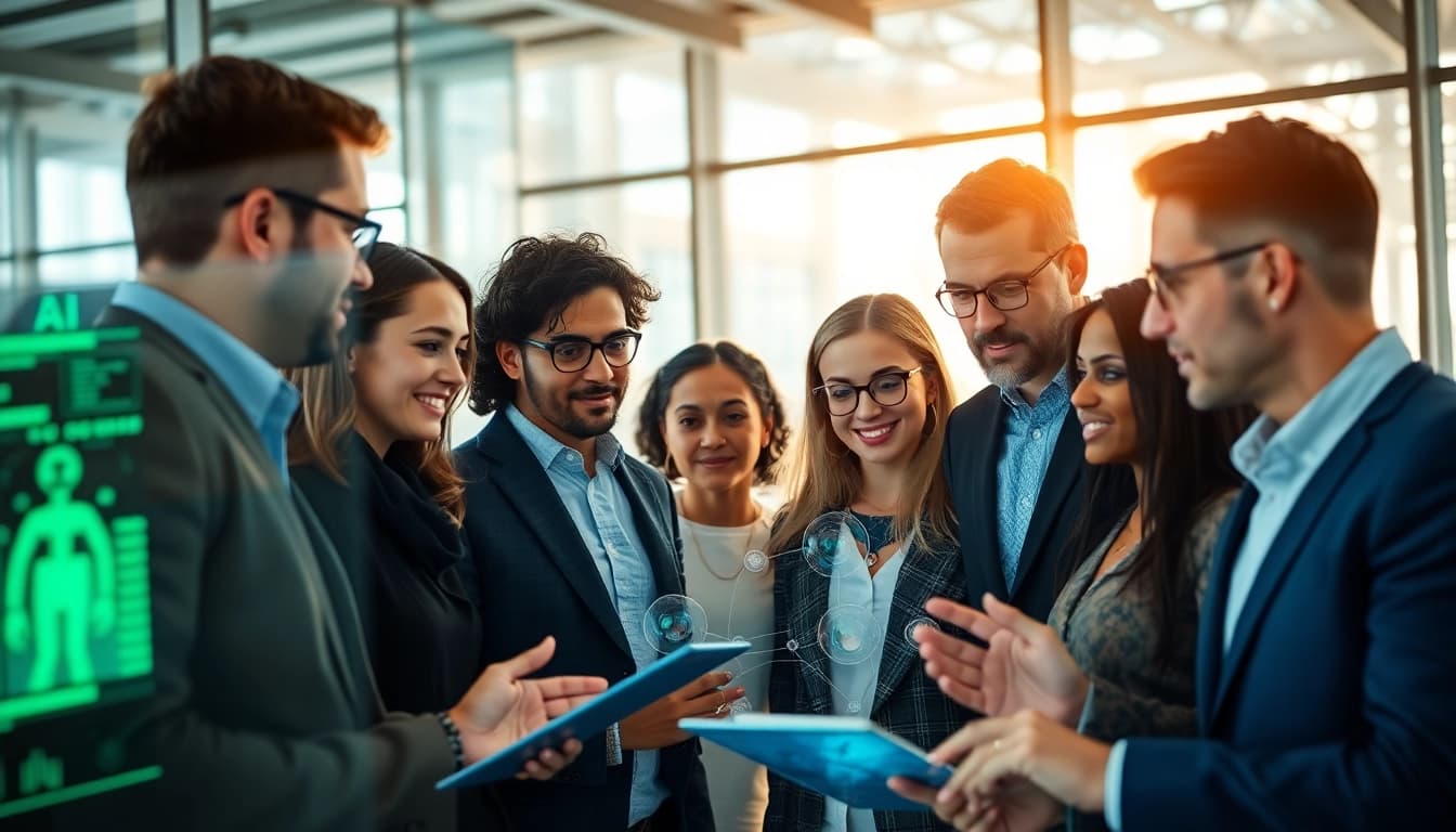 Engaged team of an AI consulting company in UK analyzing data for strategic insights.