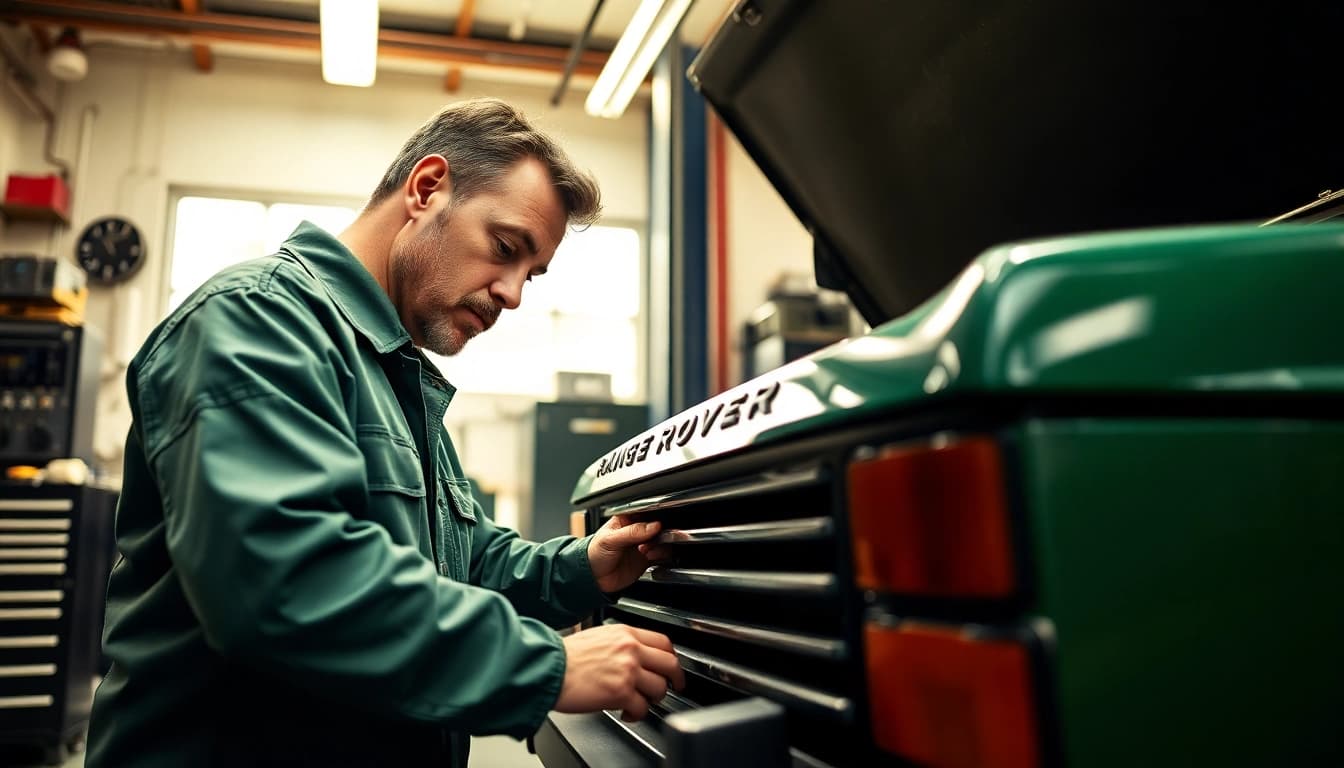 Technician performing a Land Rover Service on a classic Range Rover in a bright workshop.