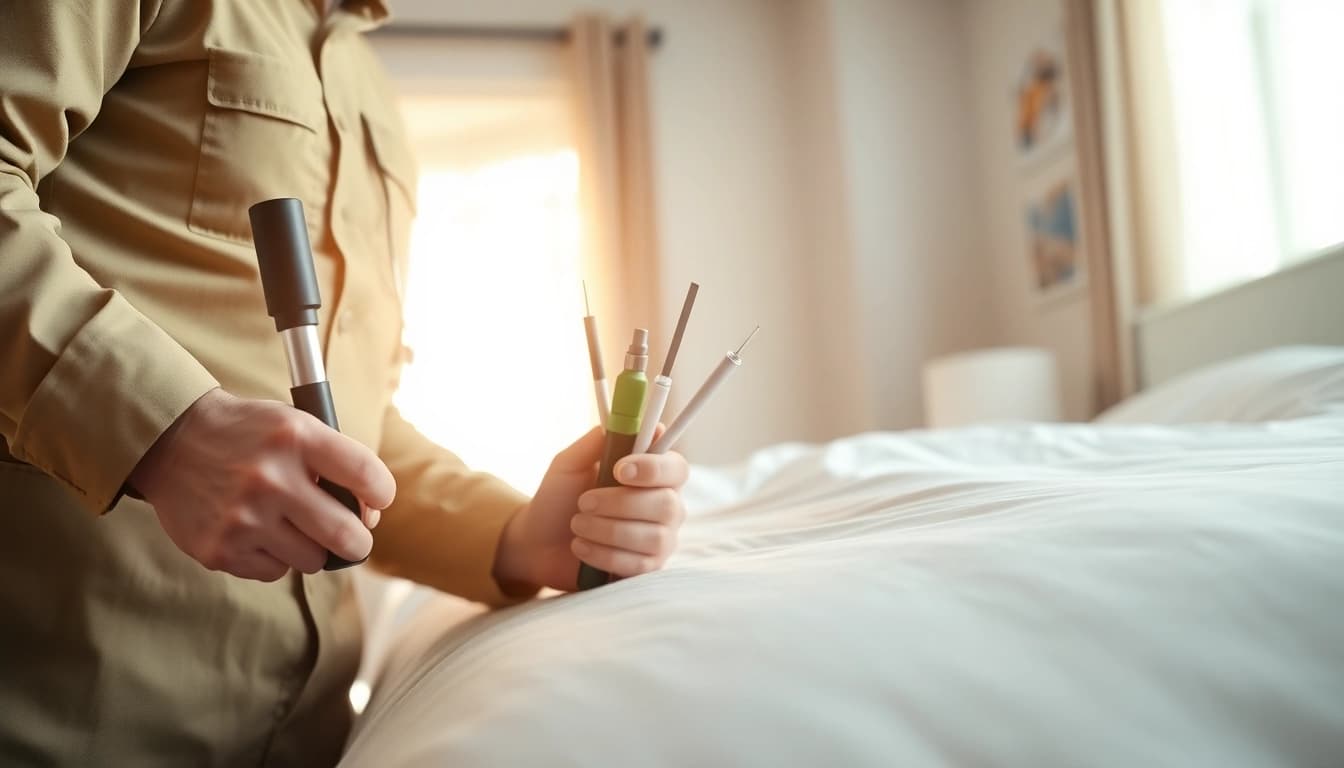Assessing bed bug treatment cost with pest control expert examining a home.