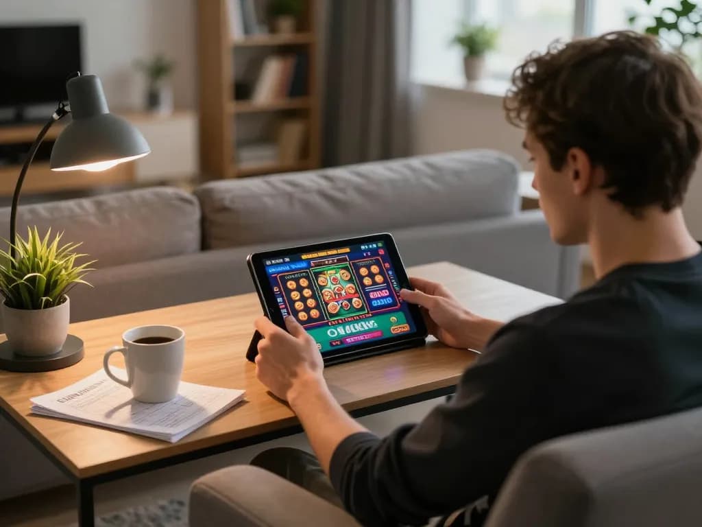 Enjoying a casino online senza registrazione experience on a tablet at home, showcasing diverse games in a cozy setting