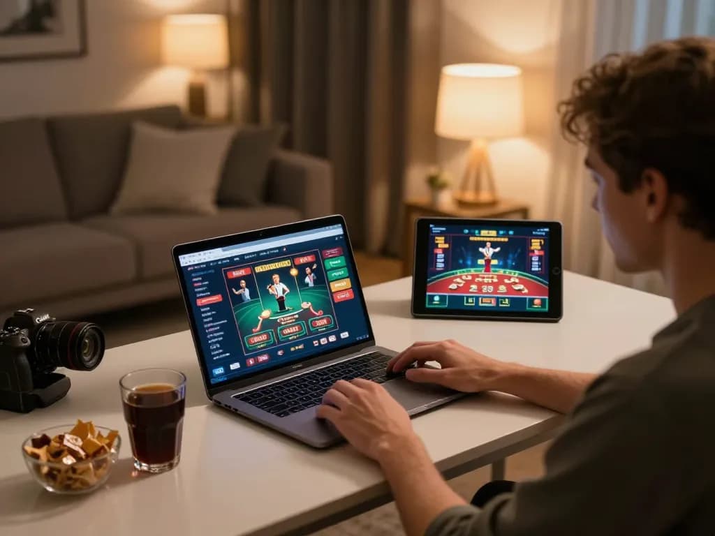 Engaging scene of a player in a cozy home gaming setup, exploring migliori casino online stranieri on a laptop.