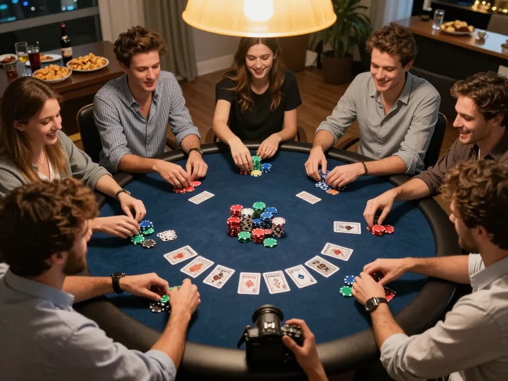 MM88 players enjoying a social poker game night with cards and chips stacked on the table.