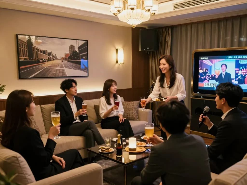 Luxurious 강남쩜오 nightlife experience with elegantly dressed individuals in private room.