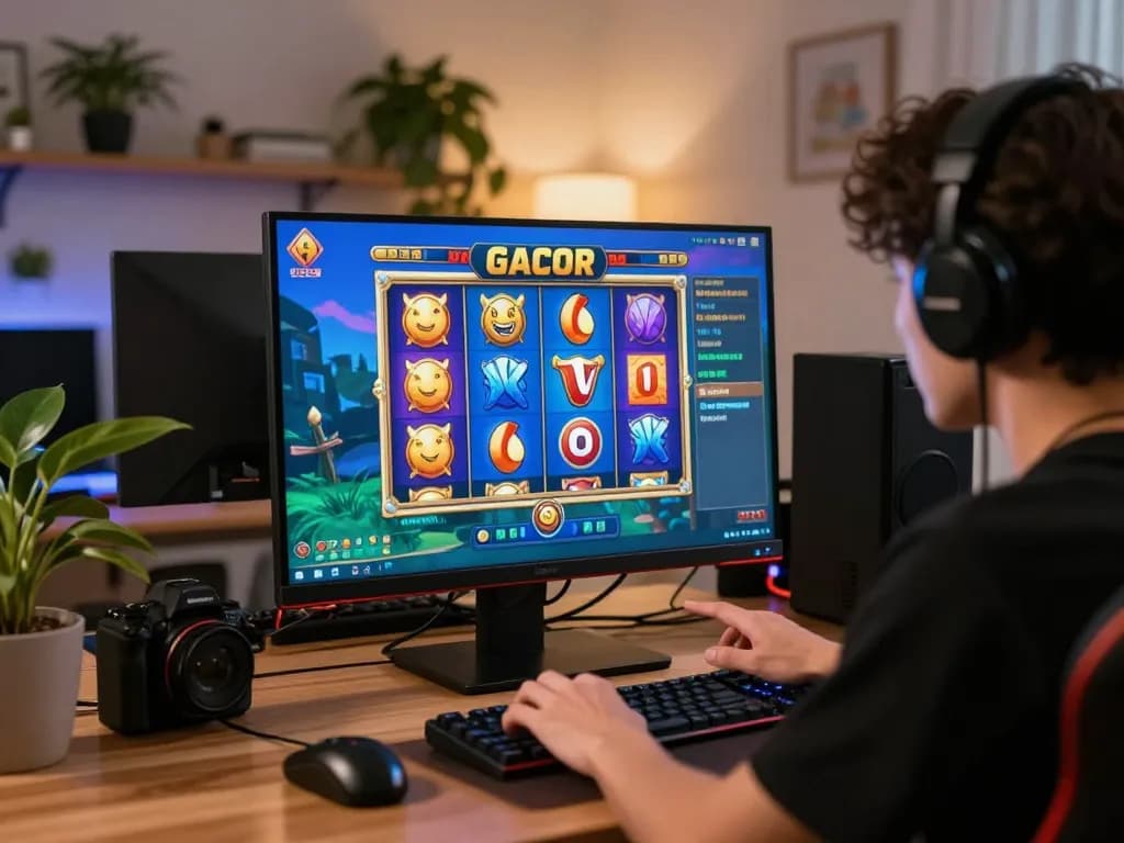Engaged player experiencing the thrill of slot gacor gameplay on their device in a cozy home setup.