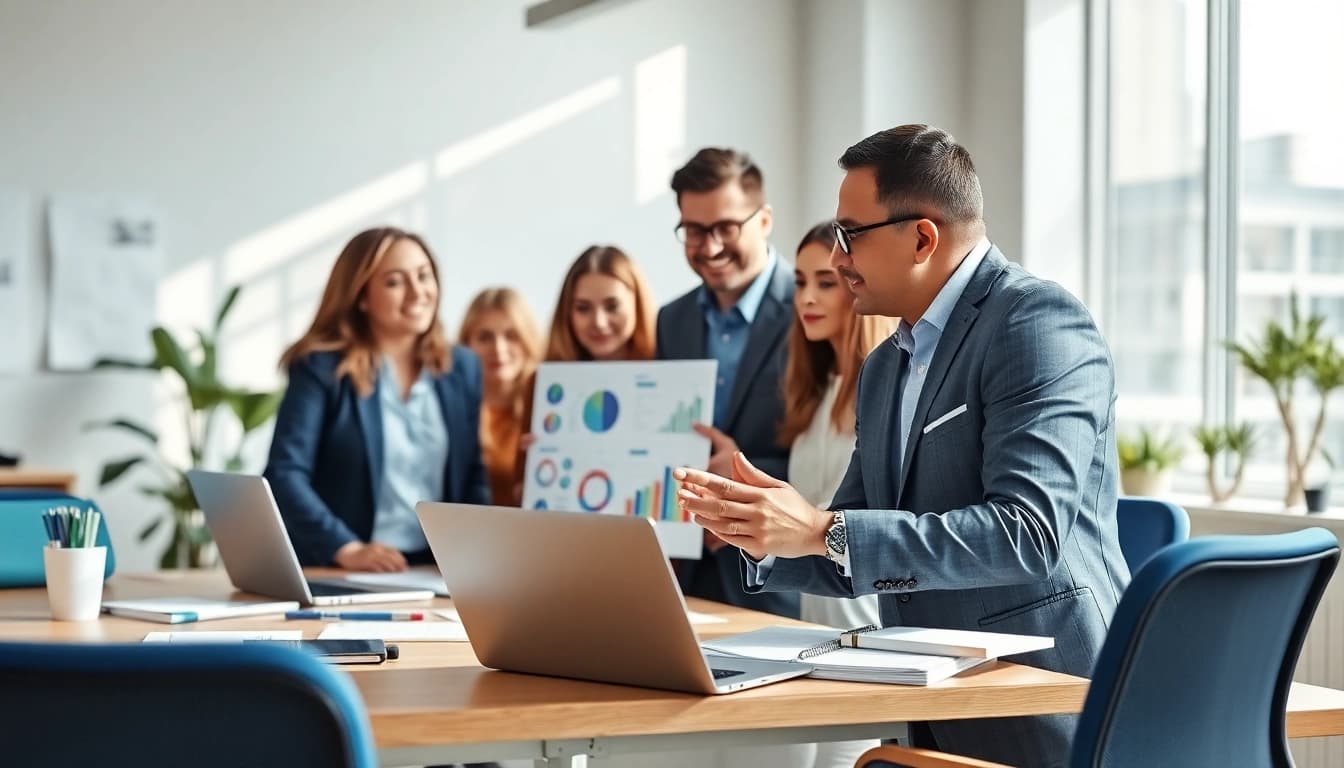 Marketing Consultant collaborating with a team in a bright office setting.