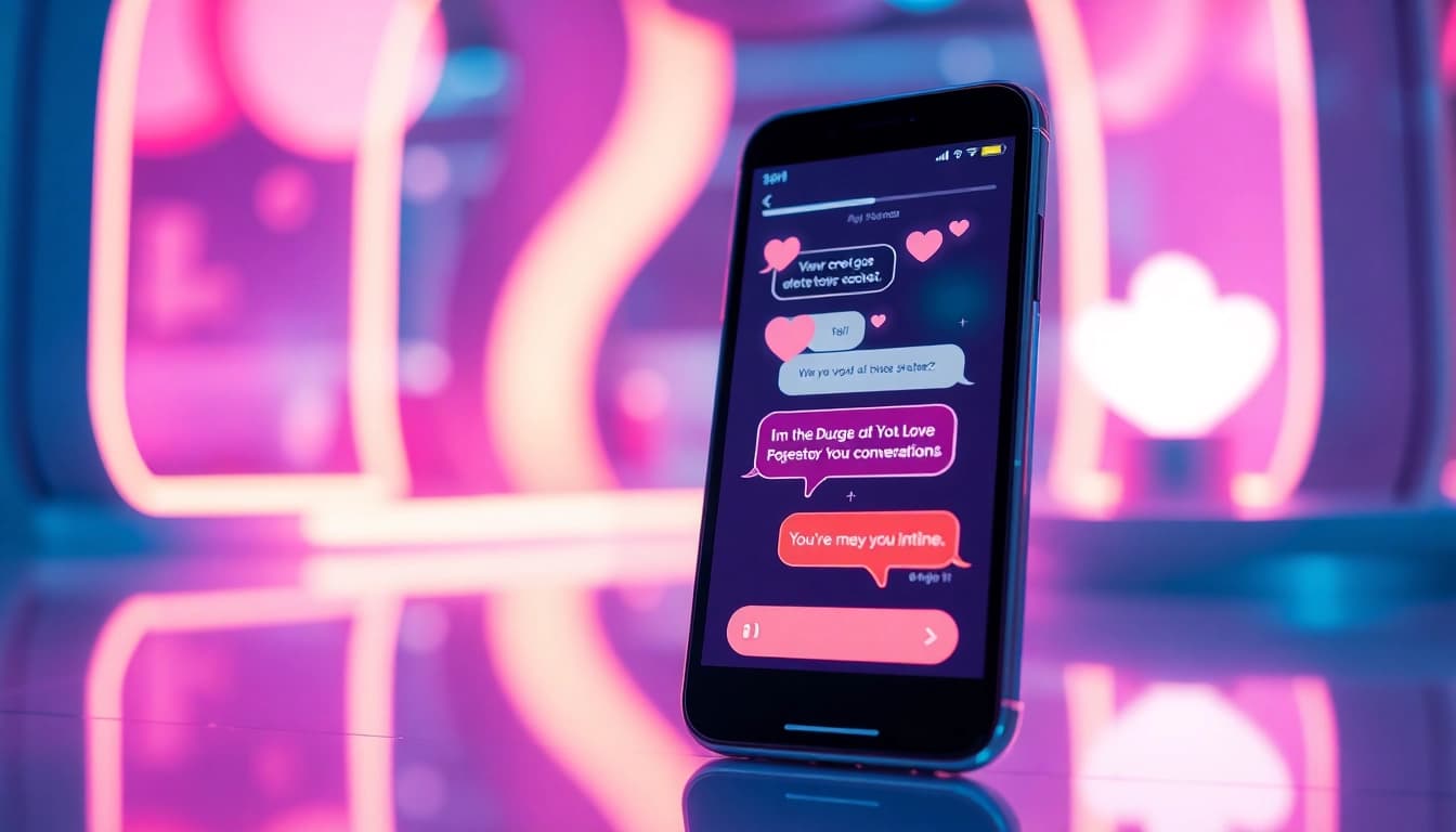 AI sexting interaction in a futuristic setting with chatbots and digital elements.