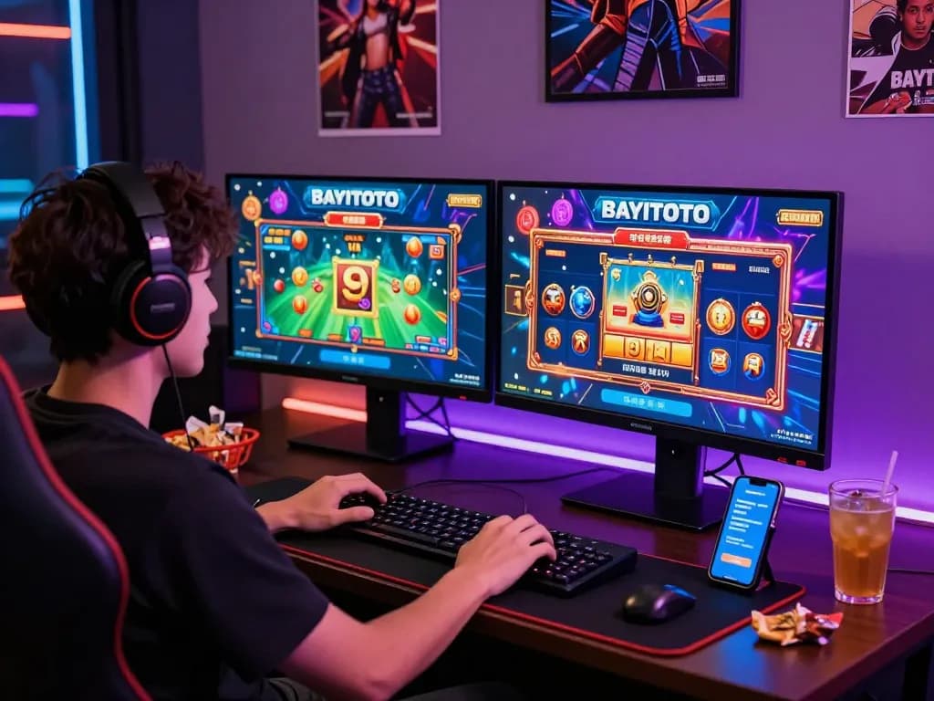Engaging gaming experience on BAYITOTO platform showing colorful slot graphics and immersive setup