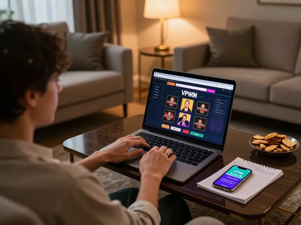 Engaging with VIPWIN online casino interface on a laptop in a cozy living room setting
