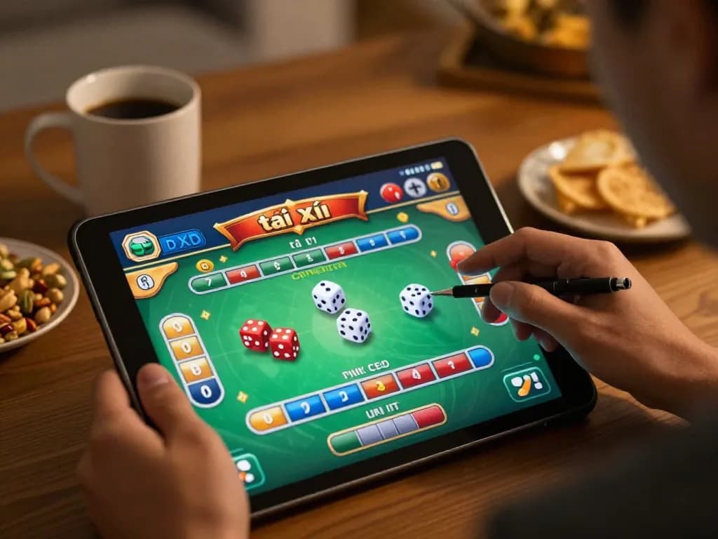 Engaged player enjoying game tài xỉu on tablet at home, showcasing responsible gambling atmosphere.