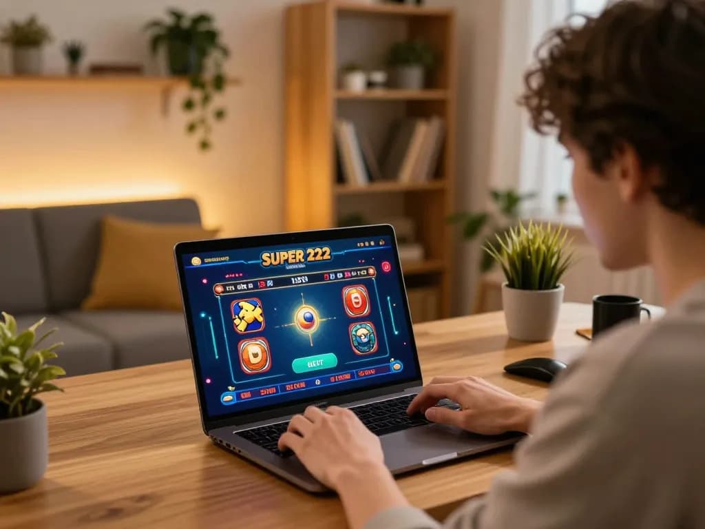 Player engaging with Super 222 online casino slots in a cozy home setting