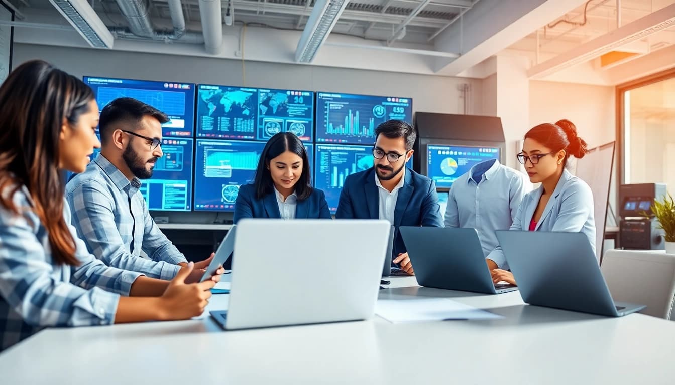 Engaged professionals providing managed IT services Lakeland in a modern office environment.