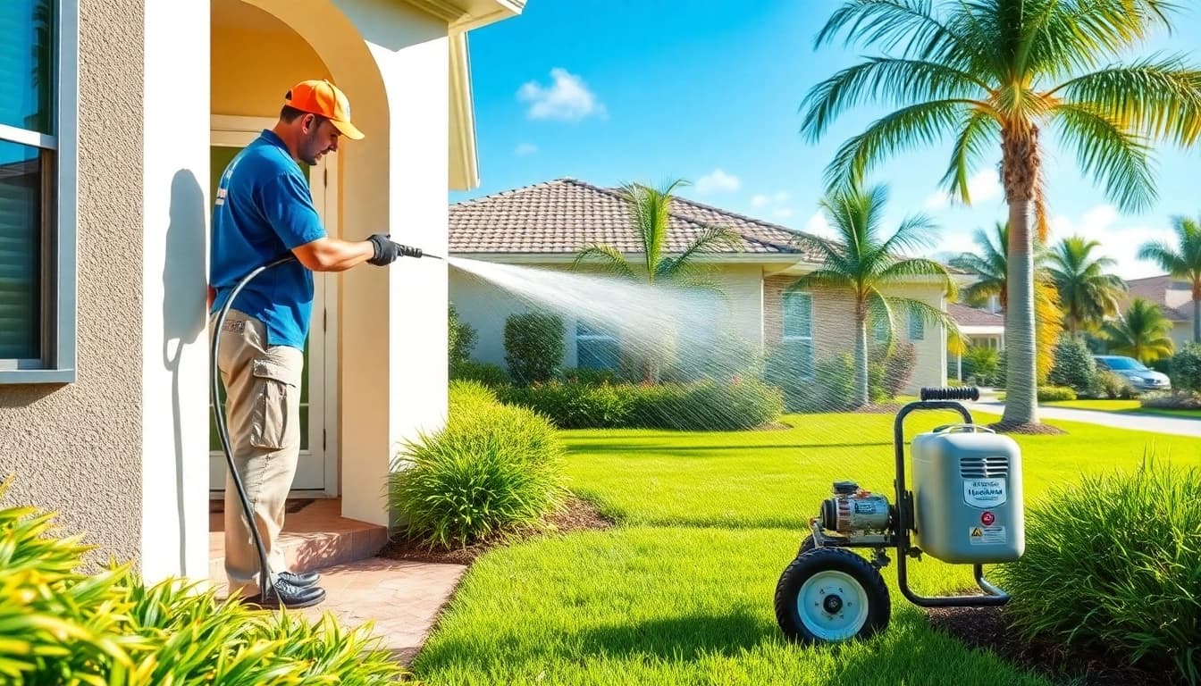 Soft wash cleaning technician revitalizing a home's exterior in Kissimmee, Florida, under sunny skies.