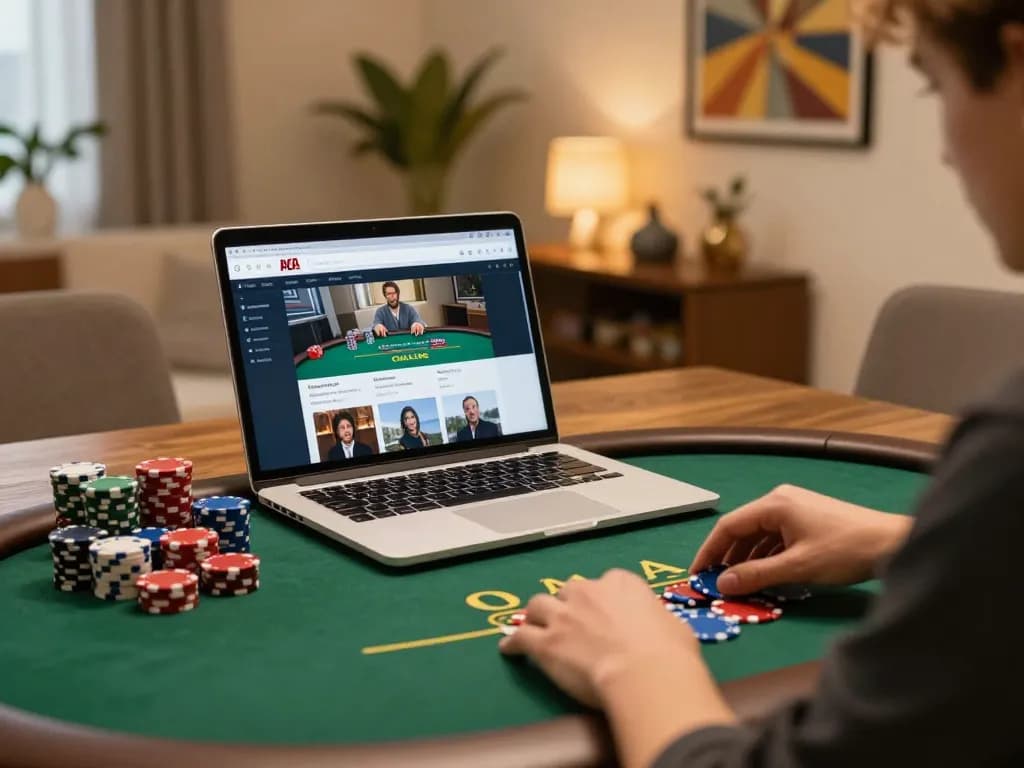 Player engaging in poker on laptop while managing chips at stylish home setup, showcasing Ok9.