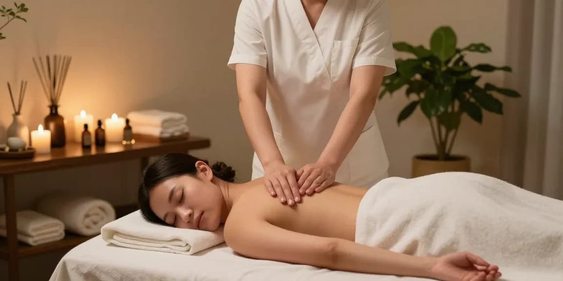 마사지 치료 중의 편안한 공간, 아로마오일과 촛불이 있는 세련된 마사지샵