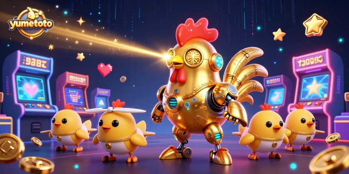 Yumetoto menghadirkan pengalaman bermain yang menarik dengan robot ayam emas futuristik dan elemen permainan yang berwarna.