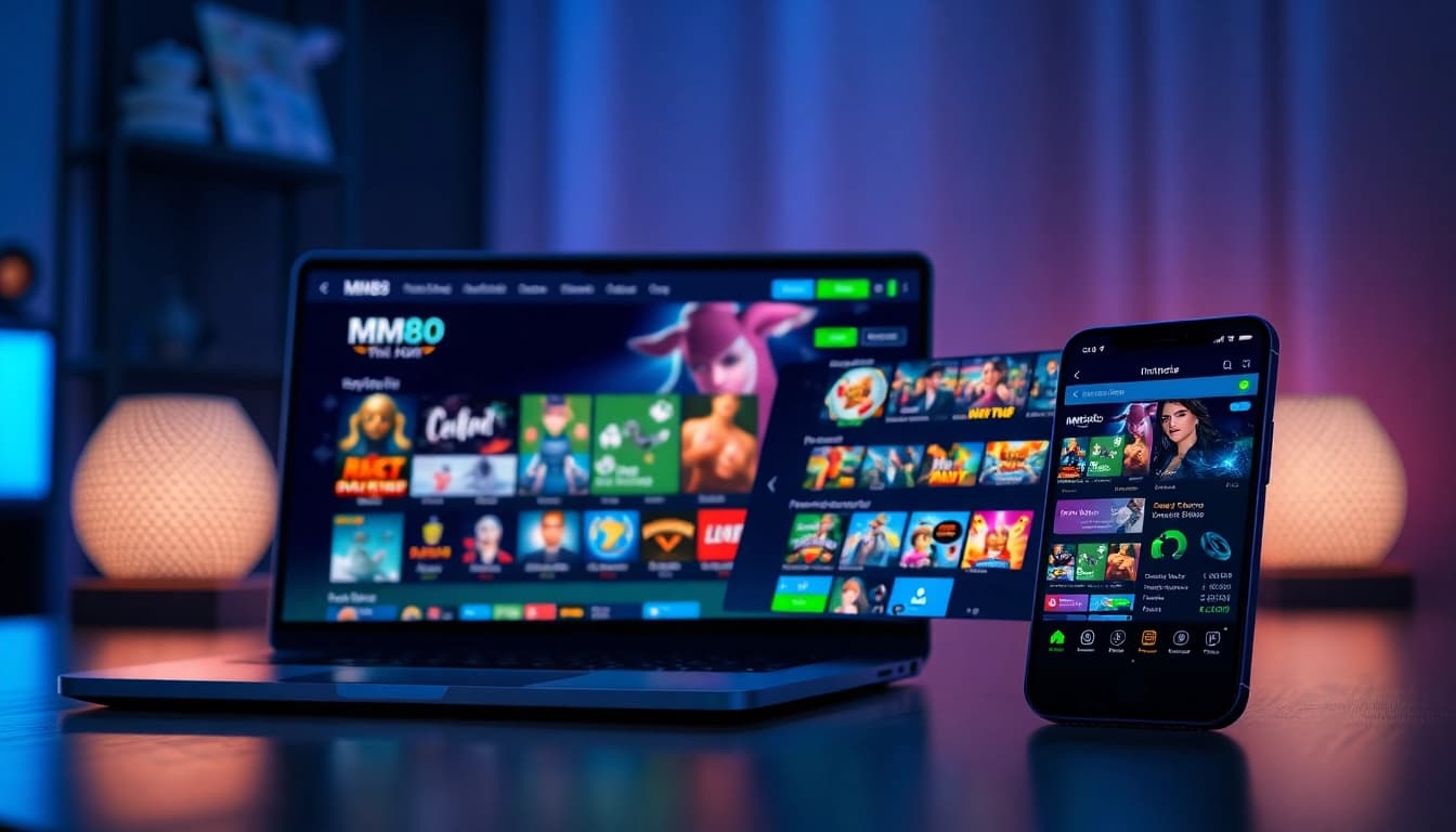Engaging MM88 gaming interface on laptop and smartphone, showcasing user-friendly design and vibrant game elements.