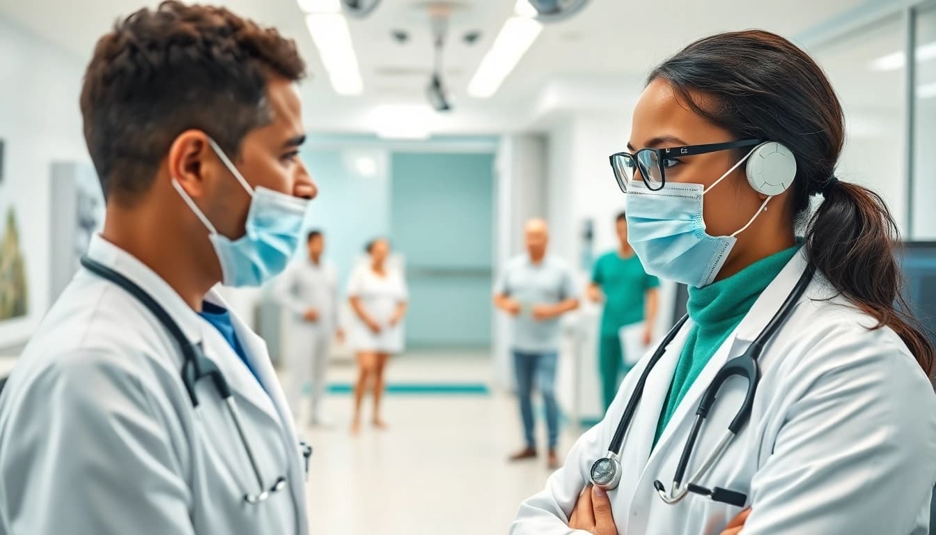 Health-focused consultation in a modern clinic with diverse patients interacting.