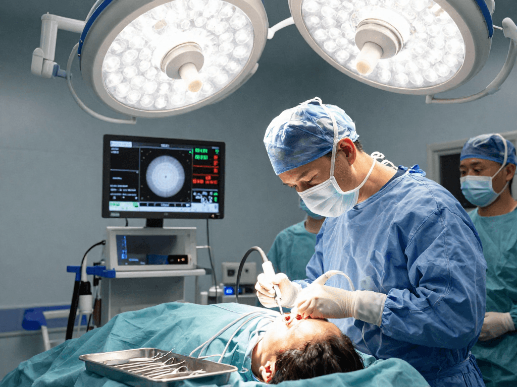 Surgeon performing beyin tümörü ameliyatı in a modern operating room, showcasing advanced techniques and teamwork.