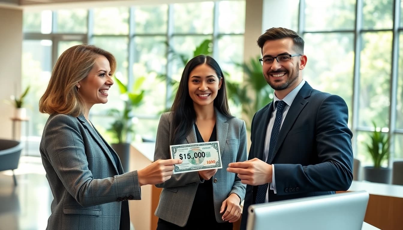 Menyerahkan deposit 1k di bank dengan senyuman, menggambarkan kepercayaan dan keamanan.