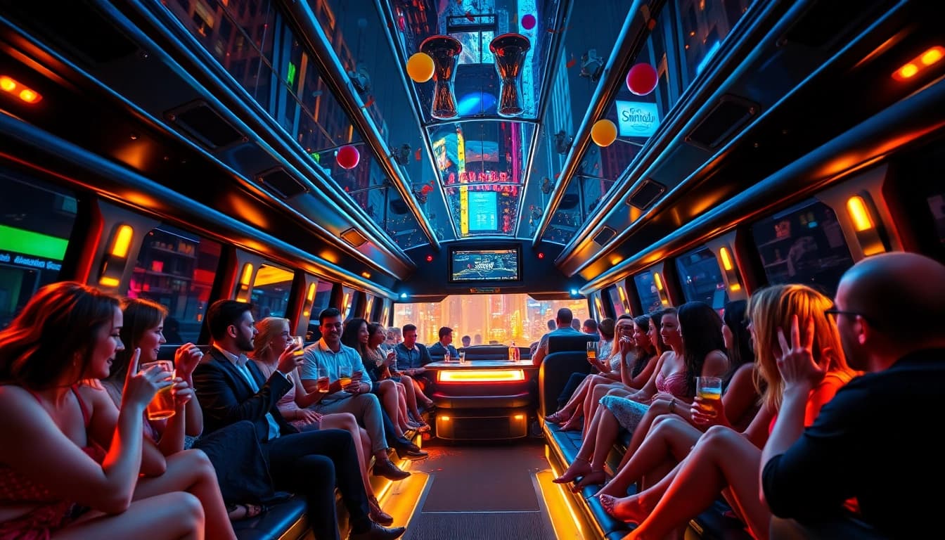 Engaging scene of a lively party bus rental services experience with vibrant decor and happy passengers.