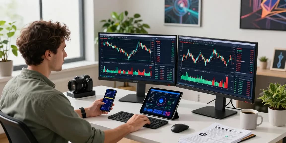 AICoin实时交易分析界面，现代办公室内交易员专注于多屏K线图，展现专业数据展示。