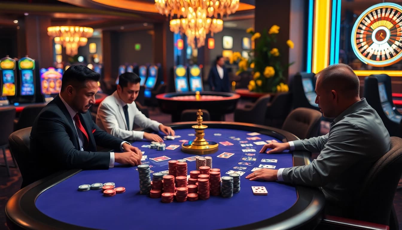 Nohu-themed casino scene with professional gamblers at a poker table, surrounded by colorful chips and cards.