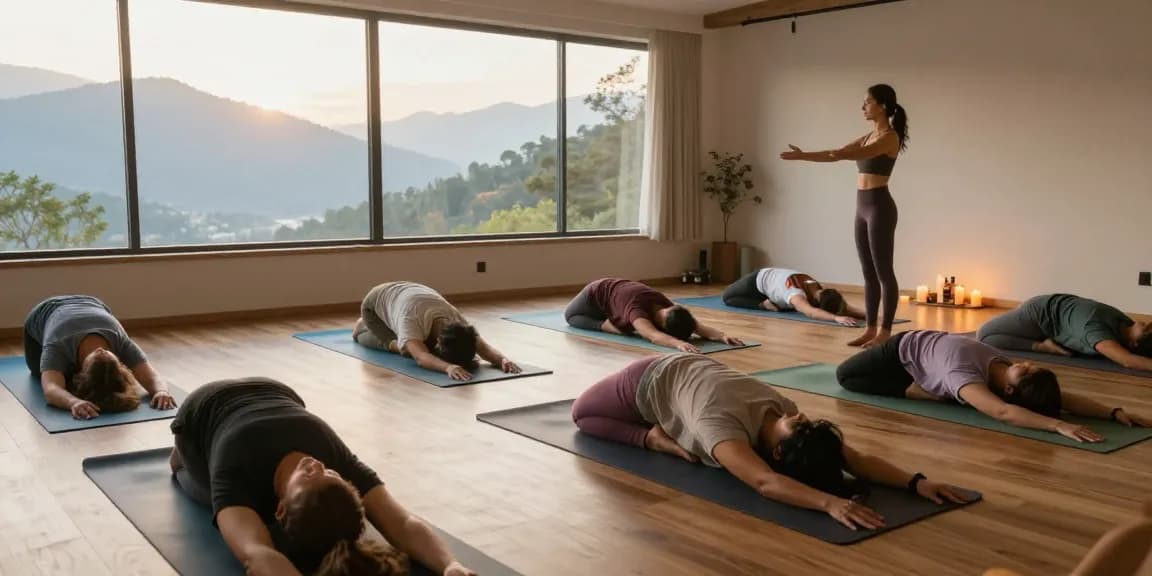 Hatha yoga & fitness class in a serene studio setting, showcasing diverse participants practicing yoga poses.