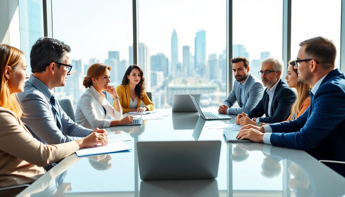 Professionals discussing Federal and State contracts and grants in a modern office setting.