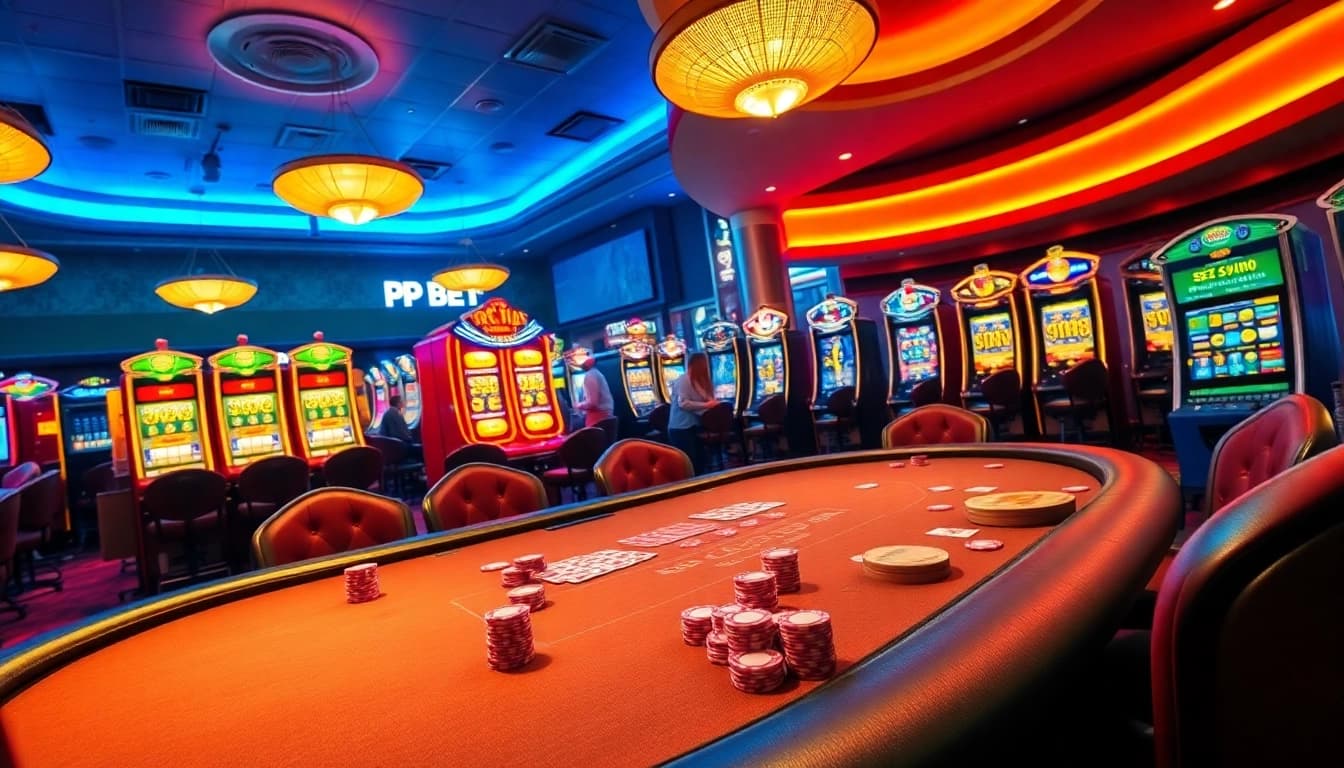 Menangkan taruhan pg bet di meja poker kasino yang ramai dan berwarna-warni.