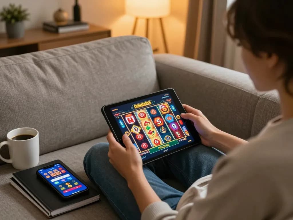 Engaging in online สล็อตวอเลท gaming on a tablet in a cozy living room setting.