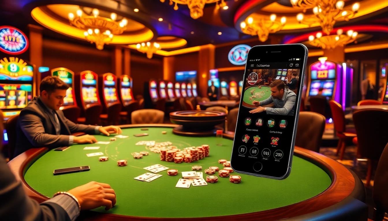 High-stakes poker game at https://luck882.co.com/ with vibrant slot machines and roulette wheel.