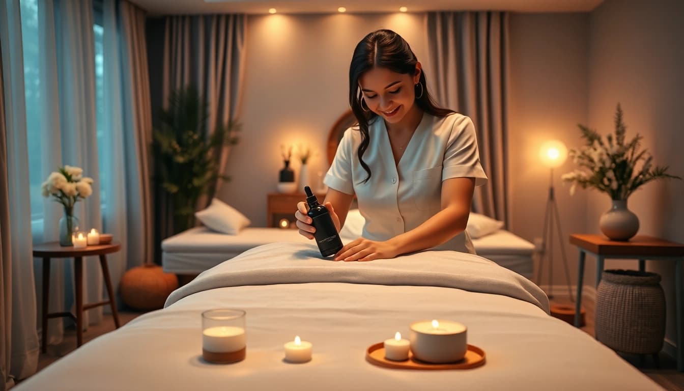 Luxurious 출장마사지 setup with a professional therapist in a calming home environment.