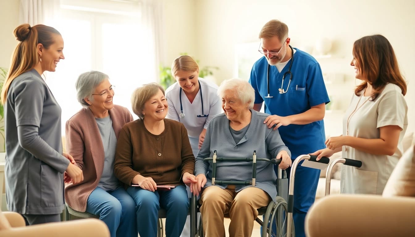 Engaging scene of senior home care austin with compassionate caregivers and elderly clients in a sunlit living room.