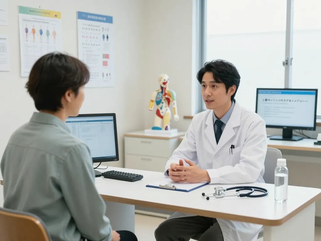 患者と医師が親しみやすい環境で上野クリニックの口コミレビューについて話し合っているクリニックでの相談。