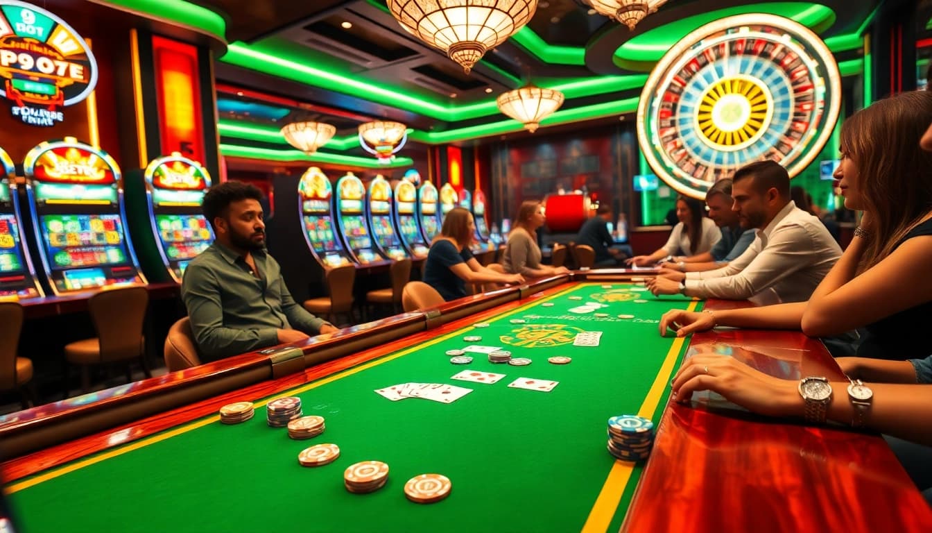 The k9k9 game action at a casino table with colorful chips, cards, and a spinning roulette wheel.