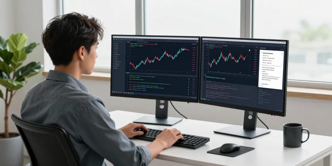 Developer utilizing the Hang Seng historical Kline API in a modern tech workspace, showcasing financial data analysis.