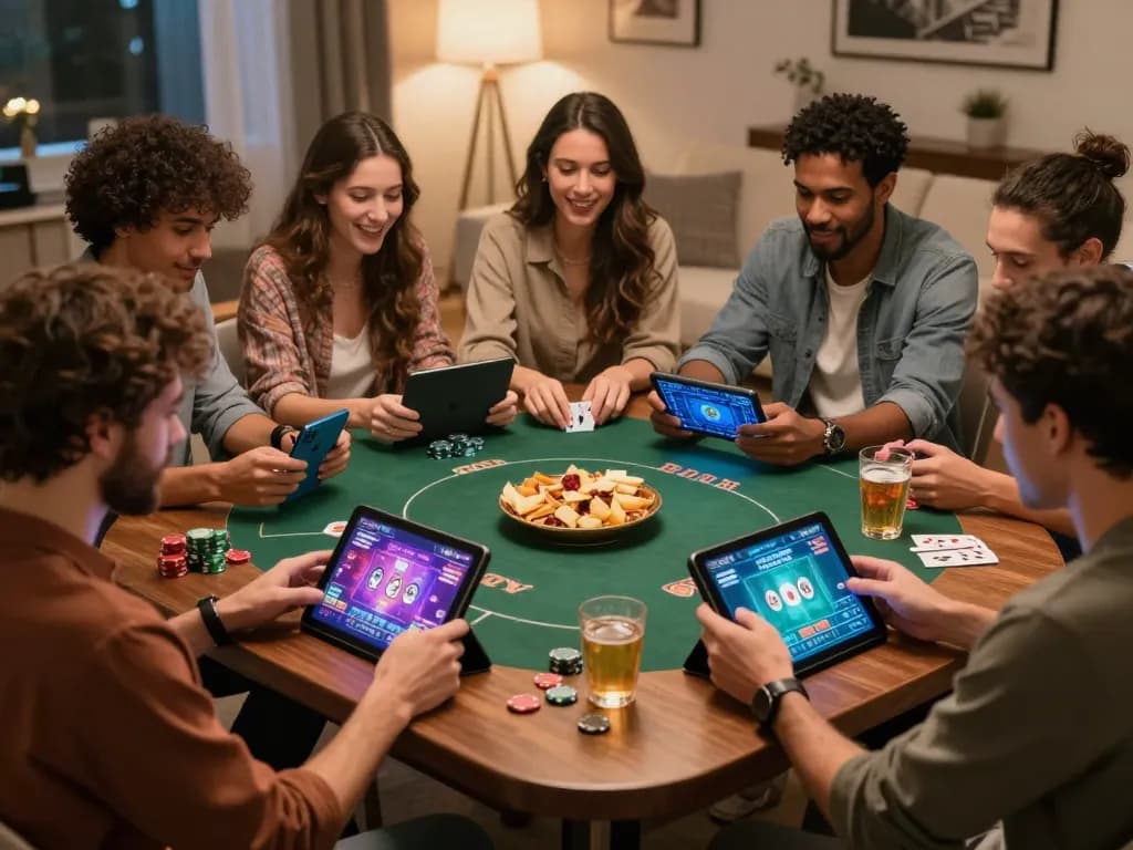 Online gambling excitement with friends showcasing nhacaiuytin strategy at home poker night