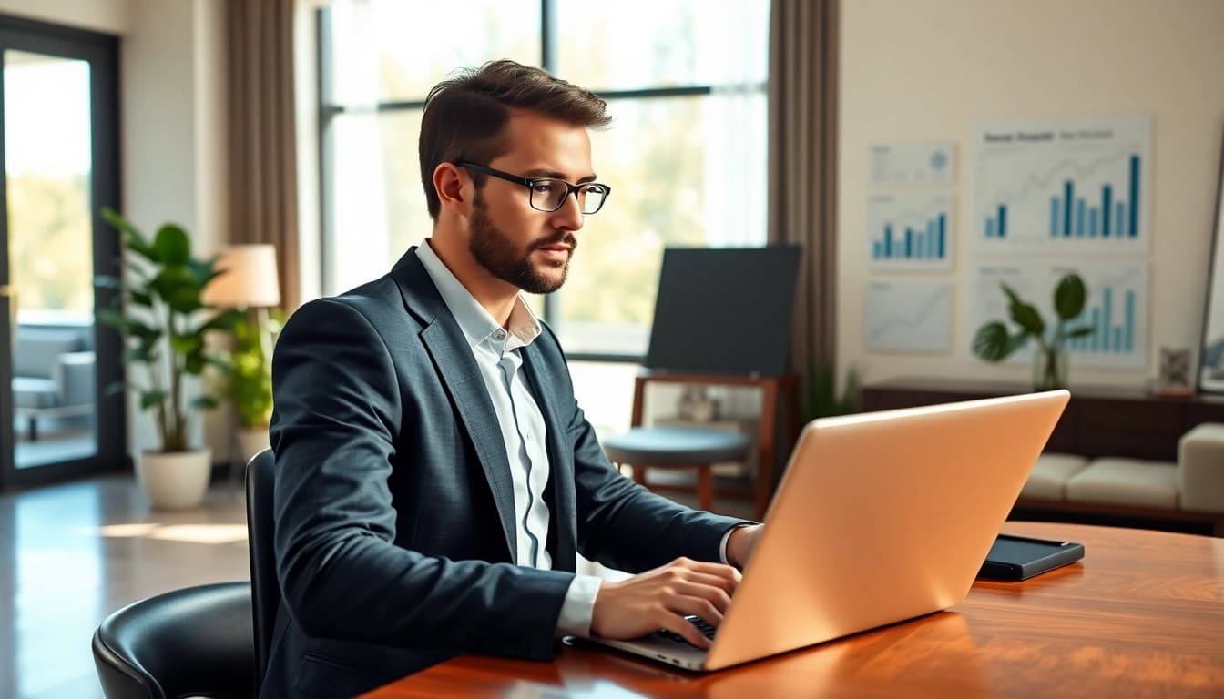 Real Estate agent analyzing market trends in a modern office environment