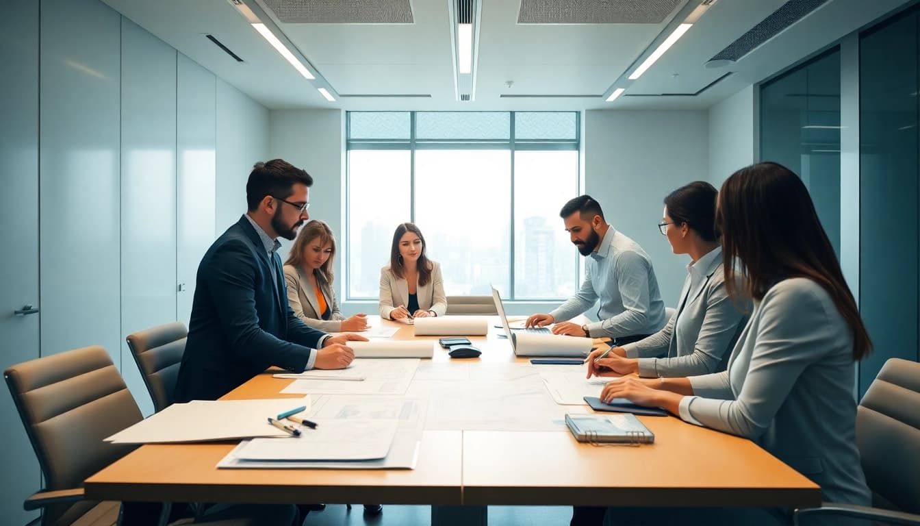 Construction association professionals collaborating in a conference room.