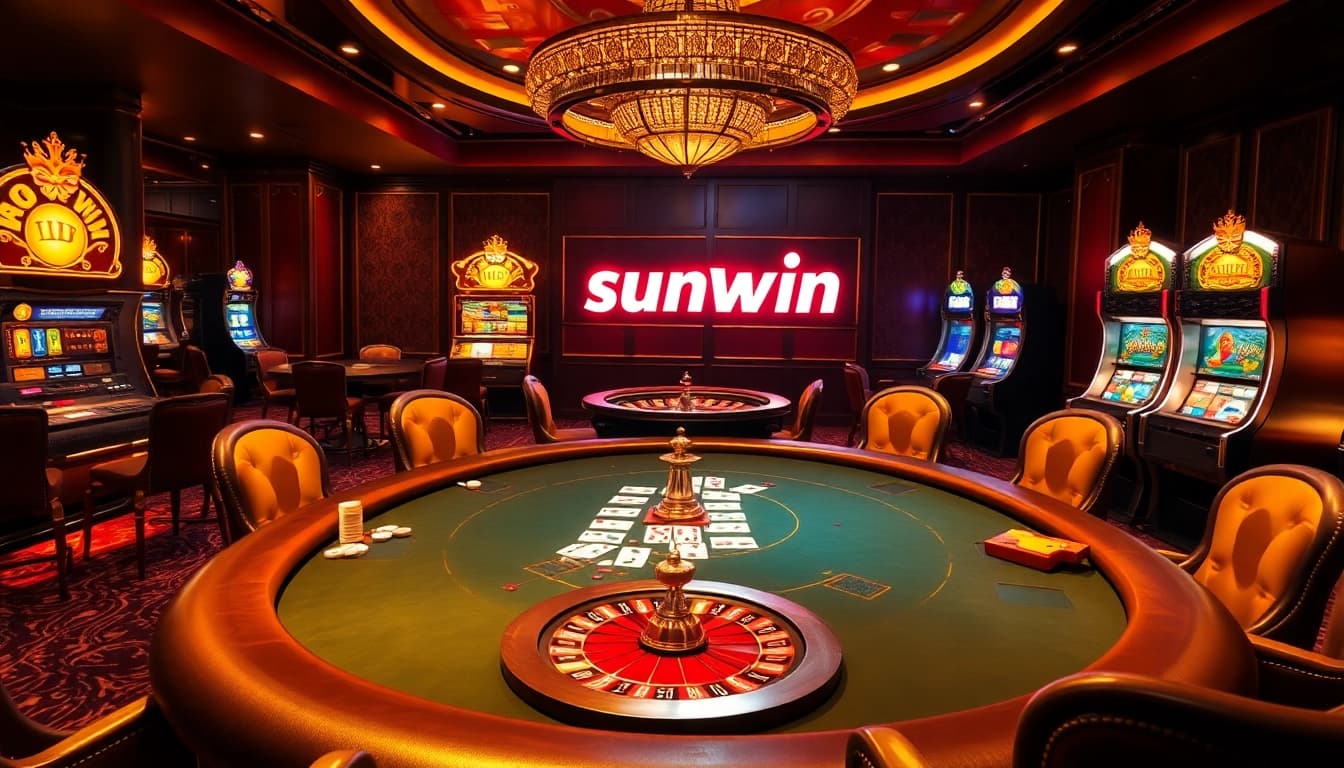 Experience the thrill of sunwin poker at a luxurious casino table surrounded by eager players.