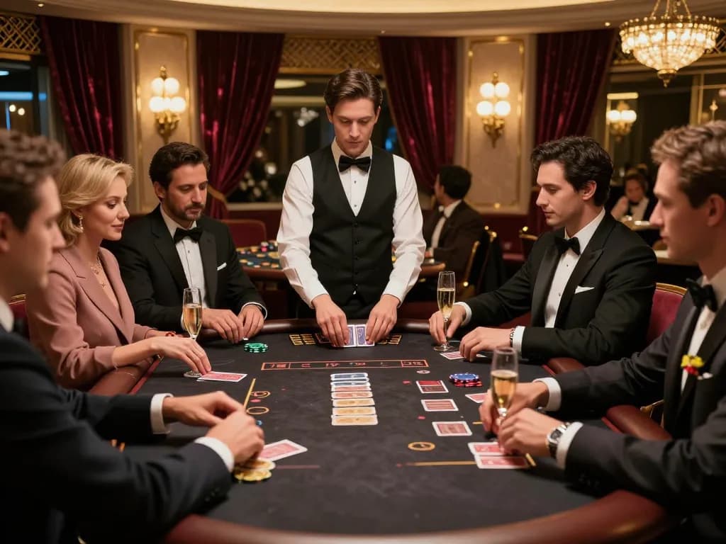 Da88 blackjack table with engaged players celebrating wins in an upscale casino ambiance.