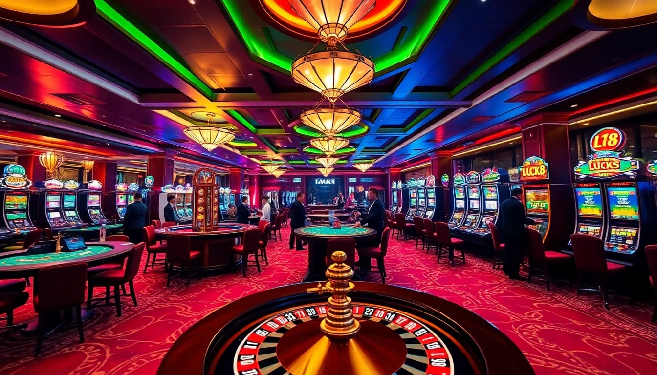 LUCK8 players enjoying a thrilling experience at an elegant casino table with vibrant slot machines.