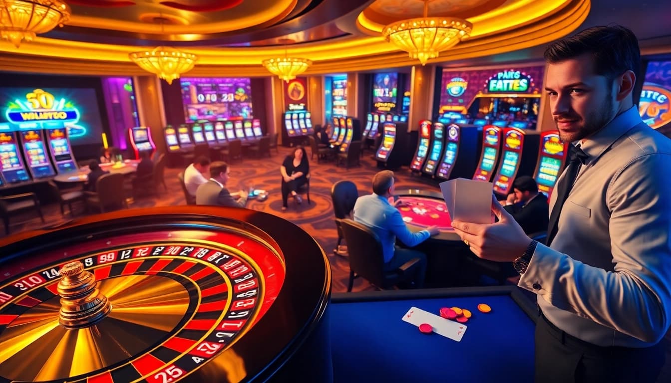 A thrilling casino environment showcasing various games and activities at https://789betg.com/, highlighting poker and roulette.