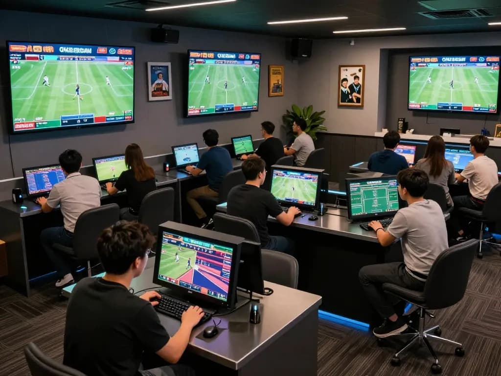 Betting on live sports at ONE88.COM in a vibrant lounge with engaged players.