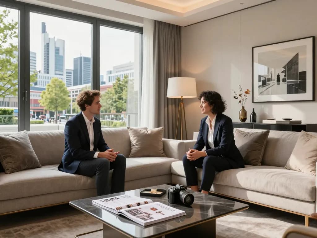 Immobilienmakler Frankfurt Sachsenhausen präsentiert elegantes Apartment potenziellen Käufern in einem lebhaften städtischen Umfeld.