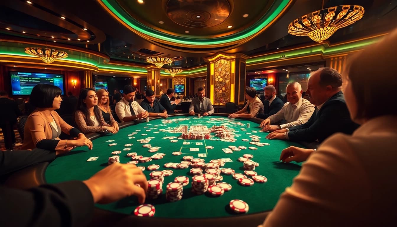 Adegan permainan poker yang menarik di kasino, menampilkan suasana KIT4D dengan tumpukan chip poker yang melimpah.