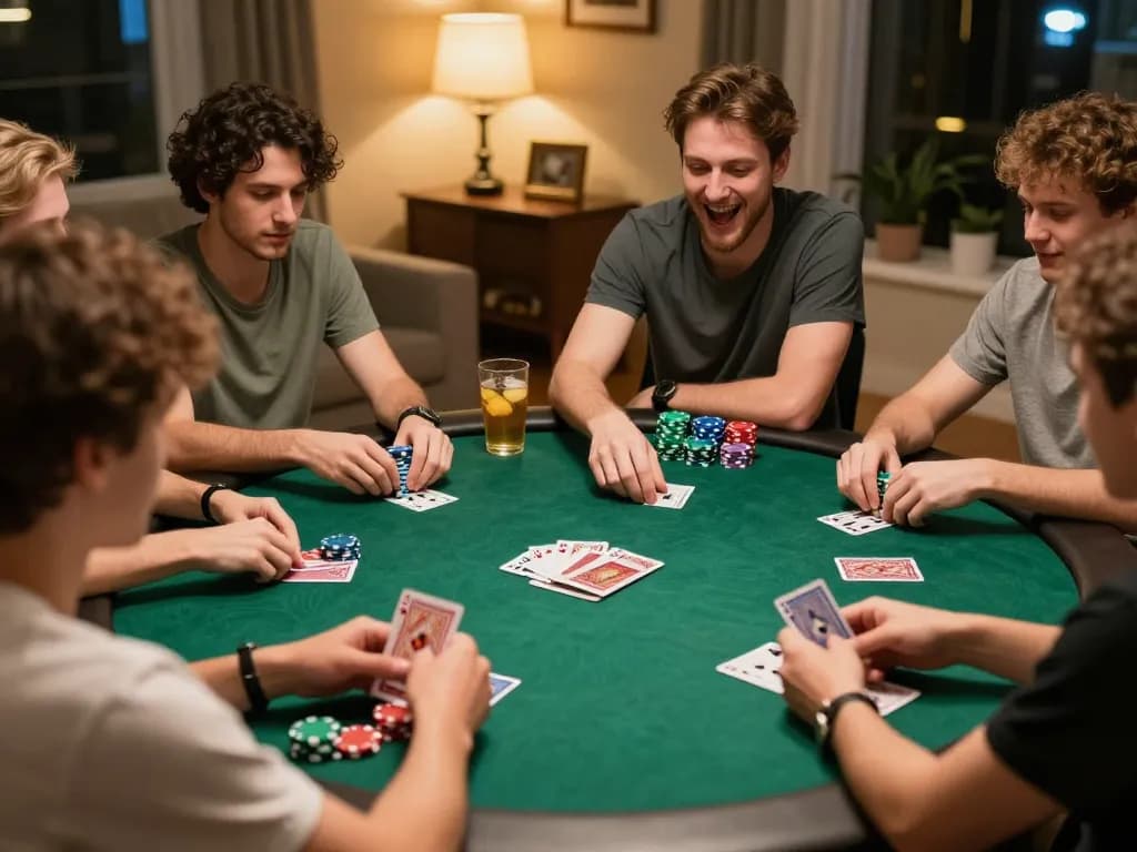 tr88 players enjoying a friendly poker night around a round table with chips and cards.