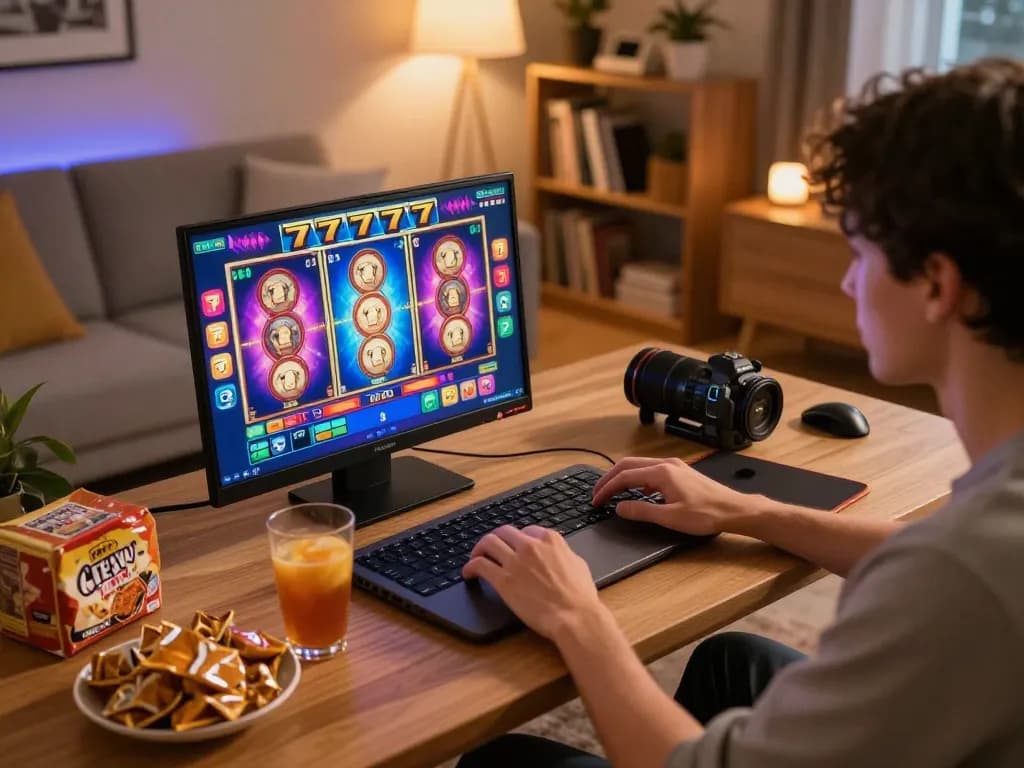 Engaging gameplay on slot777 as player spins reels on laptop in a cozy home setting