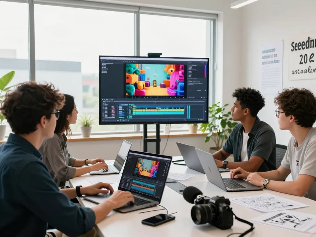 Team collaborating in a modern workspace using seedance 2.0 for innovative video production.