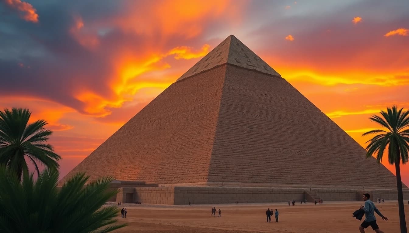 Visitors marveling at the ancient piraminds during a stunning sunset backdrop.
